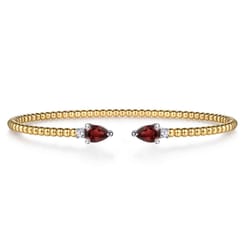 14K White  Yellow Gold Bujukan Open Cuff Bracelet with Garnet and Diamond End Caps