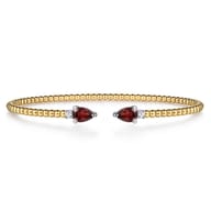 14K White  Yellow Gold Bujukan Open Cuff Bracelet with Garnet and Diamond End Caps