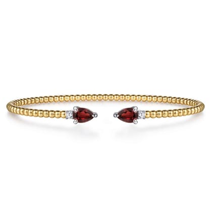 14K White  Yellow Gold Bujukan Open Cuff Bracelet with Garnet and Diamond End Caps