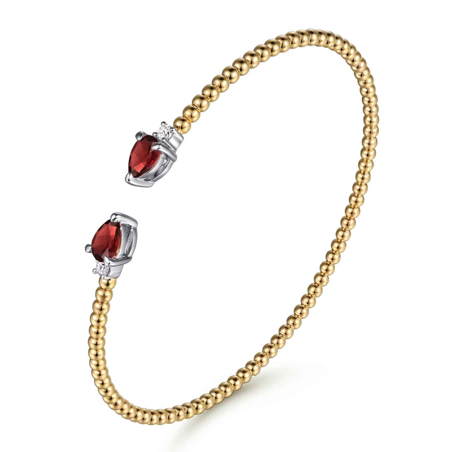 14K White  Yellow Gold Bujukan Open Cuff Bracelet with Garnet and Diamond End Caps - 0.09 ct - Shot 2