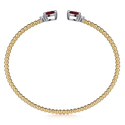 14K White  Yellow Gold Bujukan Open Cuff Bracelet with Garnet and Diamond End Caps