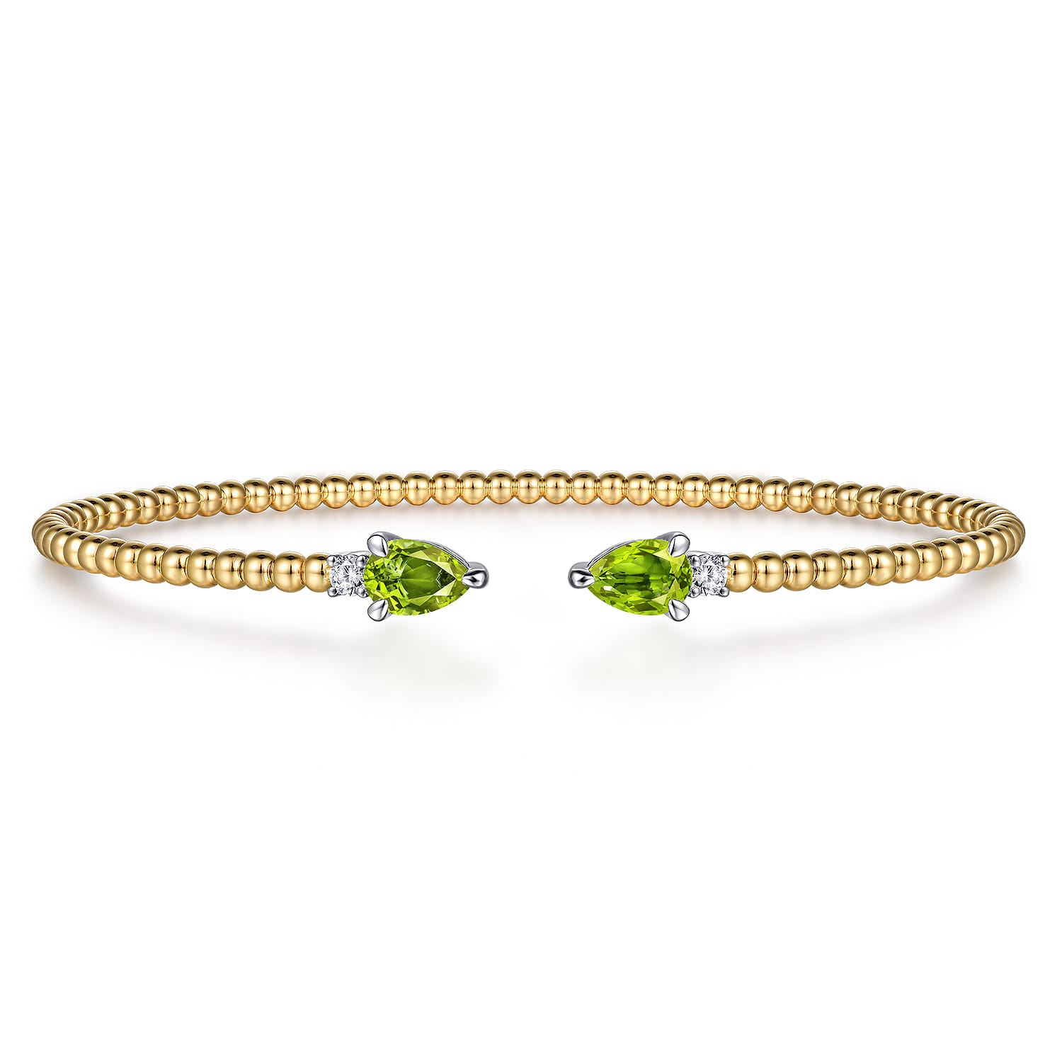 14K White  Yellow Gold Bujukan Open Cuff Bracelet with Peridot and Diamond End Caps - 0.09 ct - Shot 1