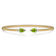 14K White  Yellow Gold Bujukan Open Cuff Bracelet with Peridot and Diamond End Caps