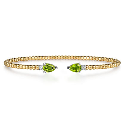 14K White  Yellow Gold Bujukan Open Cuff Bracelet with Peridot and Diamond End Caps