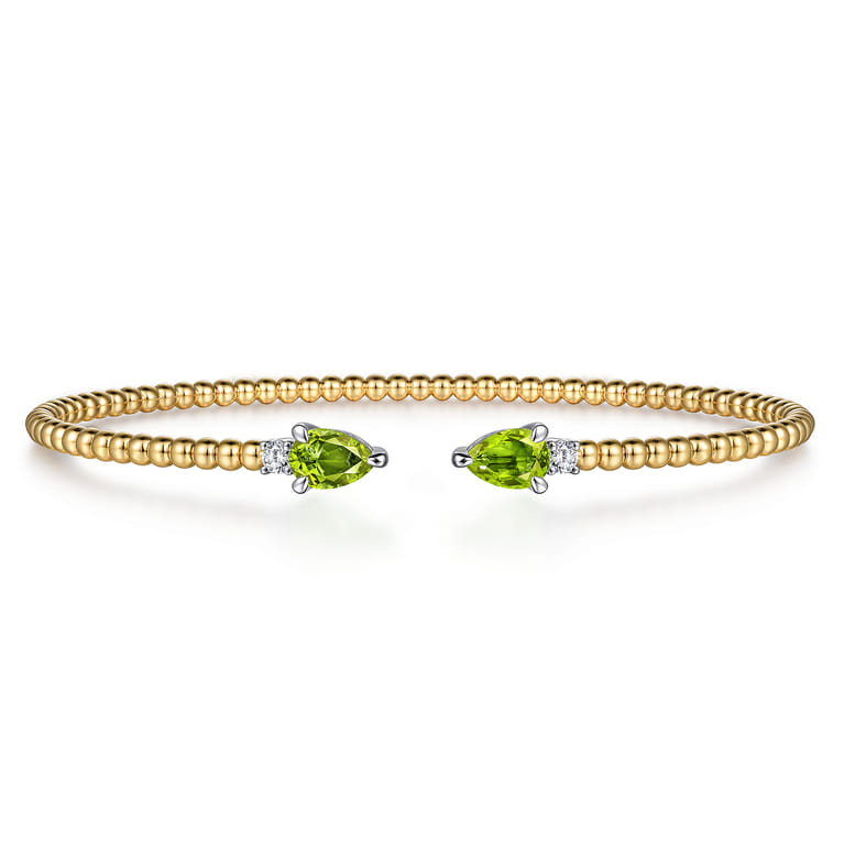 14K White  Yellow Gold Bujukan Open Cuff Bracelet with Peridot and Diamond End Caps - 0.09 ct - Shot 1