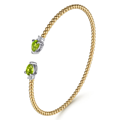14K White  Yellow Gold Bujukan Open Cuff Bracelet with Peridot and Diamond End Caps
