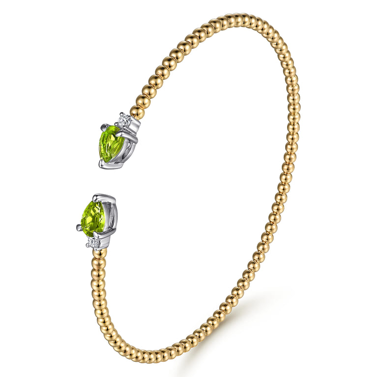 14K White  Yellow Gold Bujukan Open Cuff Bracelet with Peridot and Diamond End Caps - 0.09 ct - Shot 2