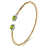 14K White  Yellow Gold Bujukan Open Cuff Bracelet with Peridot and Diamond End Caps - 0.09 ct