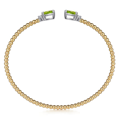 14K White  Yellow Gold Bujukan Open Cuff Bracelet with Peridot and Diamond End Caps