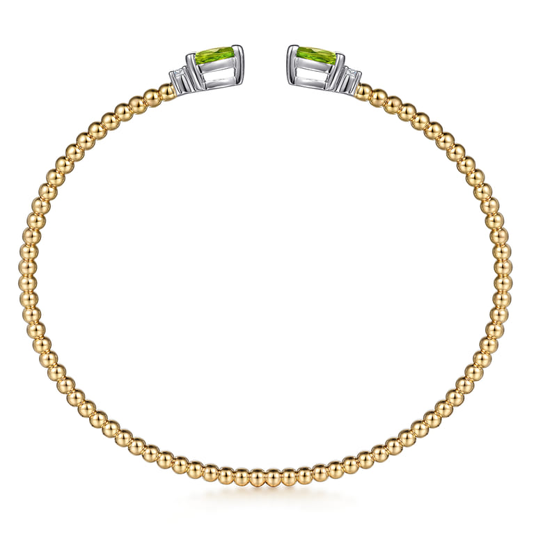 14K White  Yellow Gold Bujukan Open Cuff Bracelet with Peridot and Diamond End Caps - 0.09 ct - Shot 3