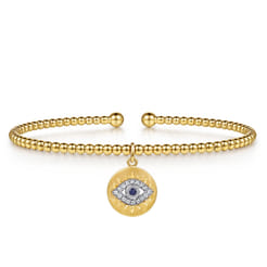 14K White-Yellow Gold Bujukan Sapphire and Diamond Evil Eye Charm Cuff Bangle Bracelet