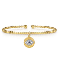 14K White-Yellow Gold Bujukan Sapphire and Diamond Evil Eye Charm Cuff Bangle Bracelet