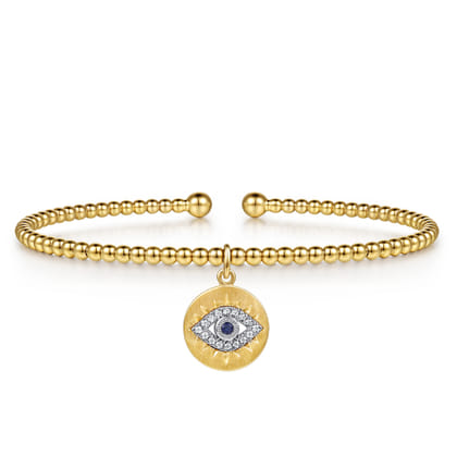 14K White-Yellow Gold Bujukan Sapphire and Diamond Evil Eye Charm Cuff Bangle Bracelet