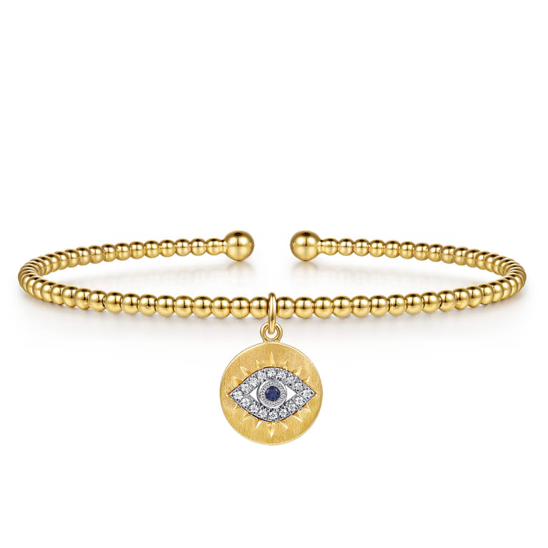 14K White-Yellow Gold Bujukan Sapphire and Diamond Evil Eye Charm Cuff Bangle Bracelet - 0.06 ct - Shot 1