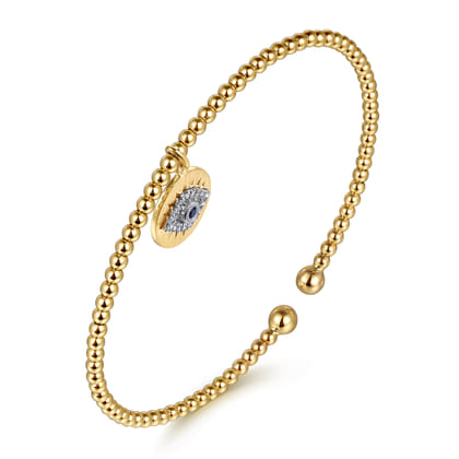 14K White-Yellow Gold Bujukan Sapphire and Diamond Evil Eye Charm Cuff Bangle Bracelet