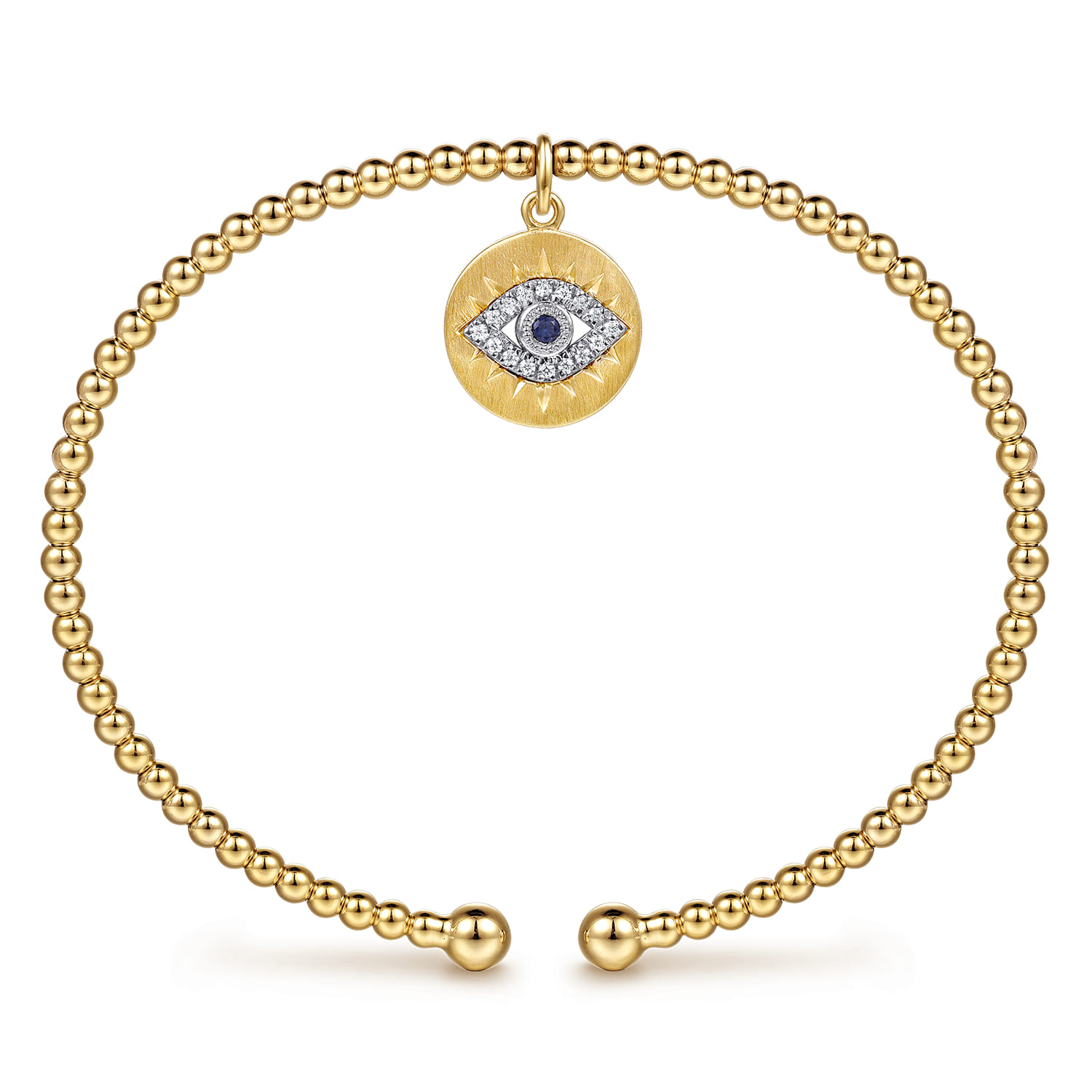 14K White-Yellow Gold Bujukan Sapphire and Diamond Evil Eye Charm Cuff Bangle Bracelet - 0.06 ct - Shot 3