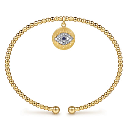 14K White-Yellow Gold Bujukan Sapphire and Diamond Evil Eye Charm Cuff Bangle Bracelet