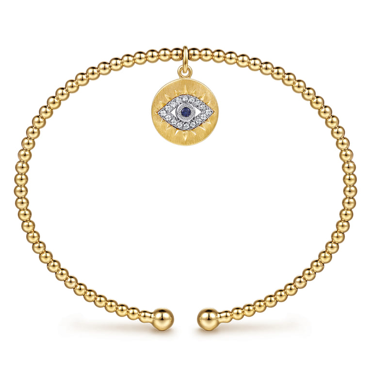 14K White-Yellow Gold Bujukan Sapphire and Diamond Evil Eye Charm Cuff Bangle Bracelet - 0.06 ct - Shot 3