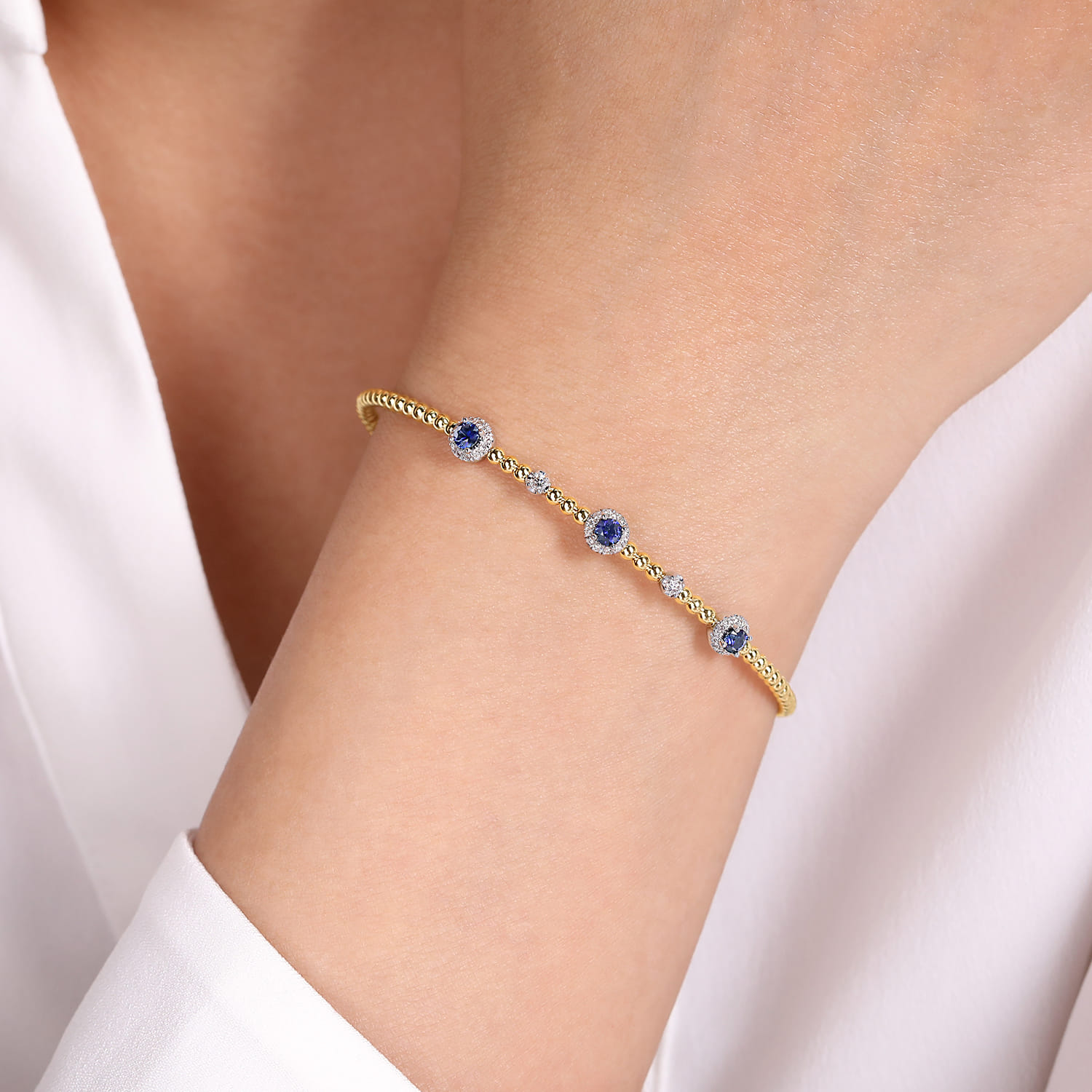 14K White-Yellow Gold Bujukan Sapphire and Diamond Halo Bangle