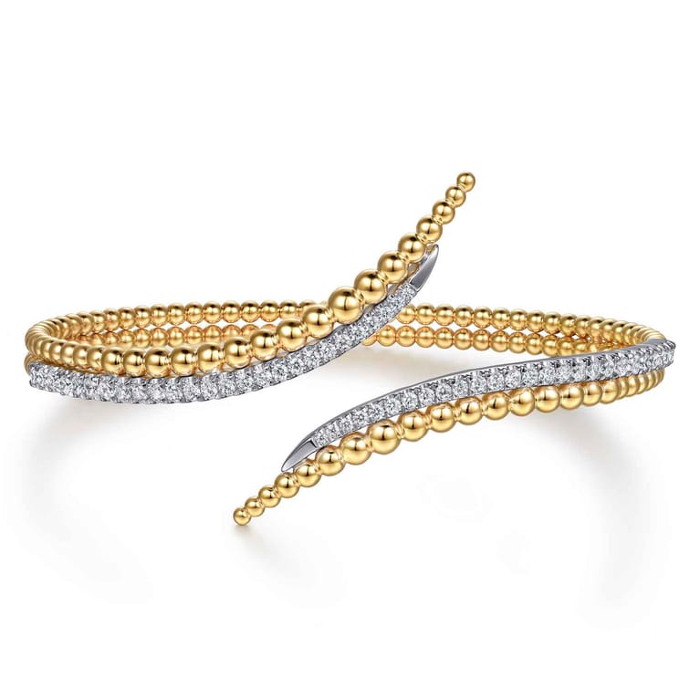 14K White Yellow Gold Bujukan Spike and Diamond Bypass Bangle Bracelet - 0.75 ct - Shot 1