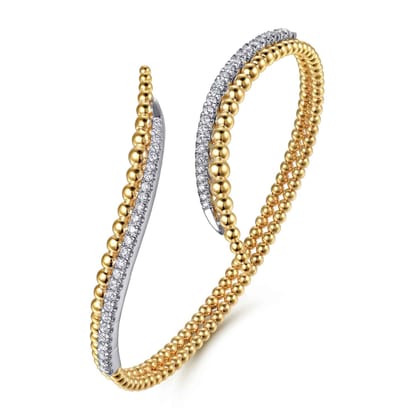 14K White Yellow Gold Bujukan Spike and Diamond Bypass Bangle Bracelet
