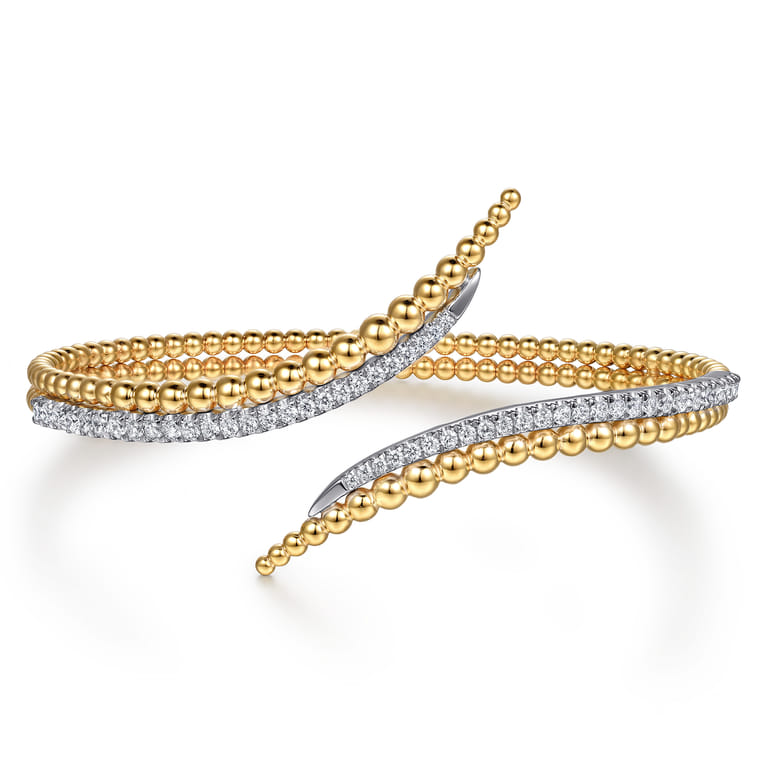 14K White Yellow Gold Bujukan Spike and Diamond Bypass Bangle Bracelet - 0.75 ct - Shot 1