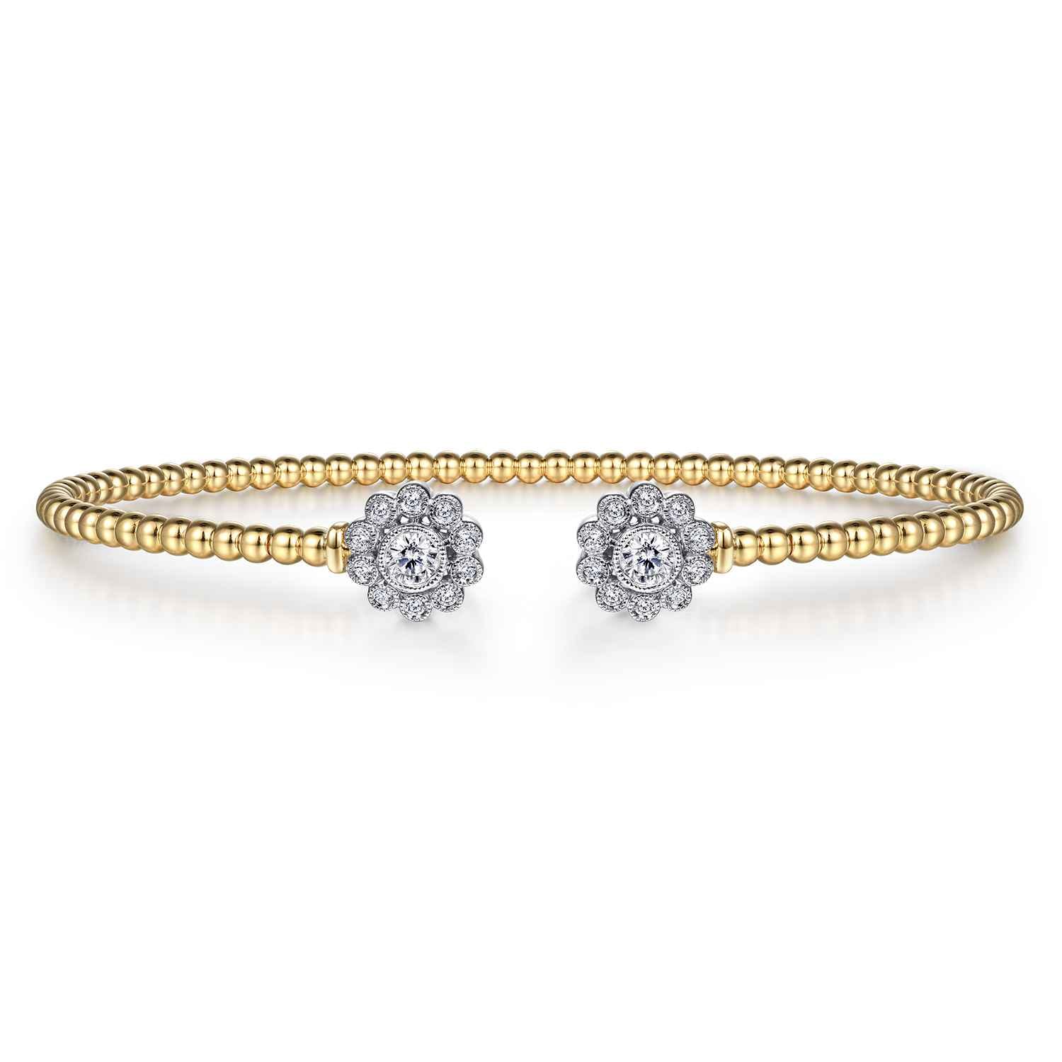 14K White Yellow Gold Bujukan Split Cuff Bracelet with Diamond Flowers - 0.25 ct - Shot 1