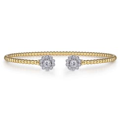 14K White Yellow Gold Bujukan Split Cuff Bracelet with Diamond Flowers