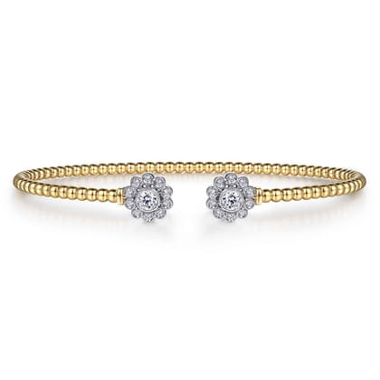 14K White Yellow Gold Bujukan Split Cuff Bracelet with Diamond Flowers