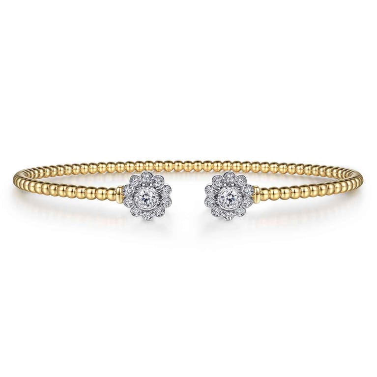 14K White Yellow Gold Bujukan Split Cuff Bracelet with Diamond Flowers - 0.25 ct - Shot 1