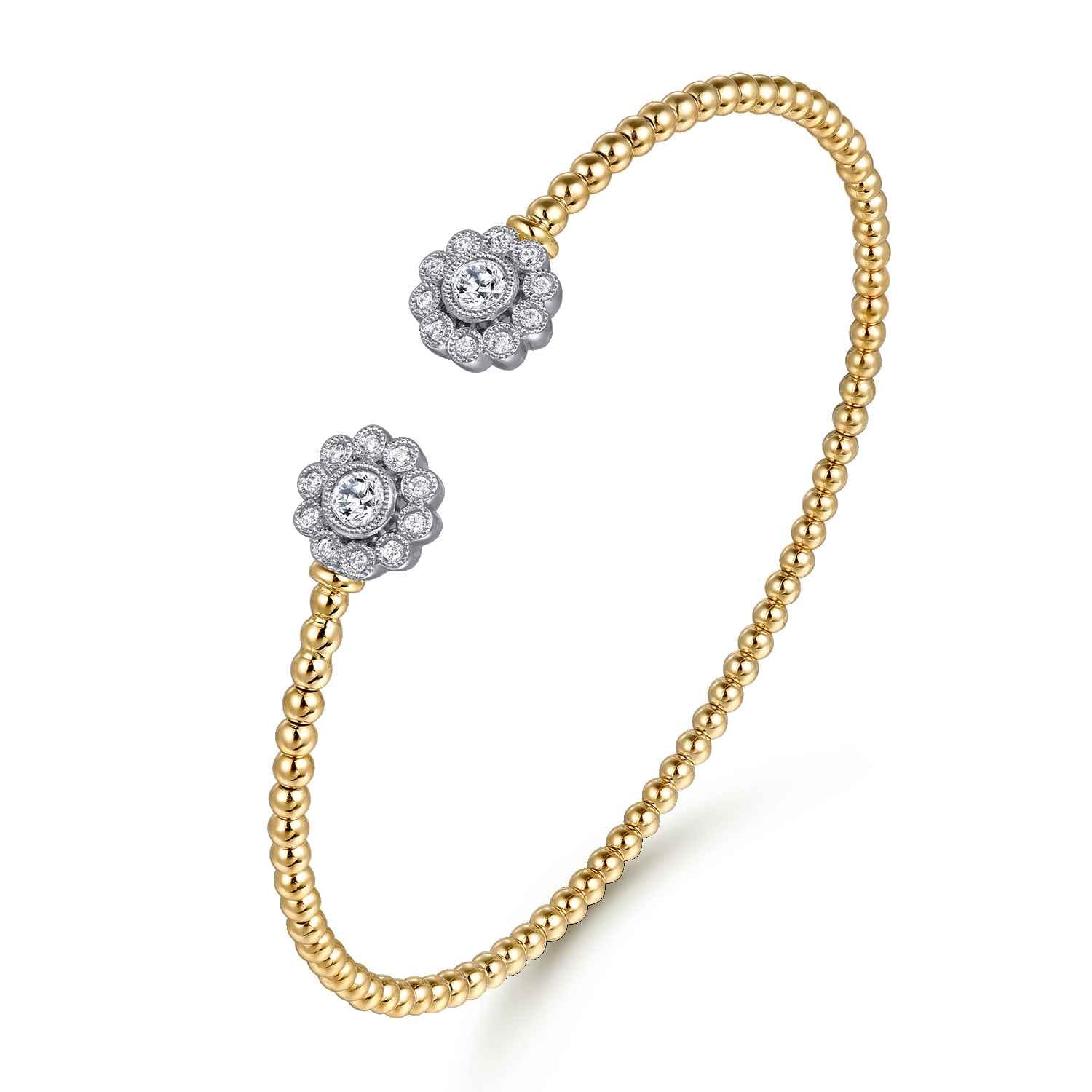 14K White Yellow Gold Bujukan Split Cuff Bracelet with Diamond Flowers - 0.25 ct - Shot 2