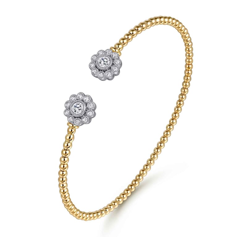 14K White Yellow Gold Bujukan Split Cuff Bracelet with Diamond Flowers - 0.25 ct - Shot 2