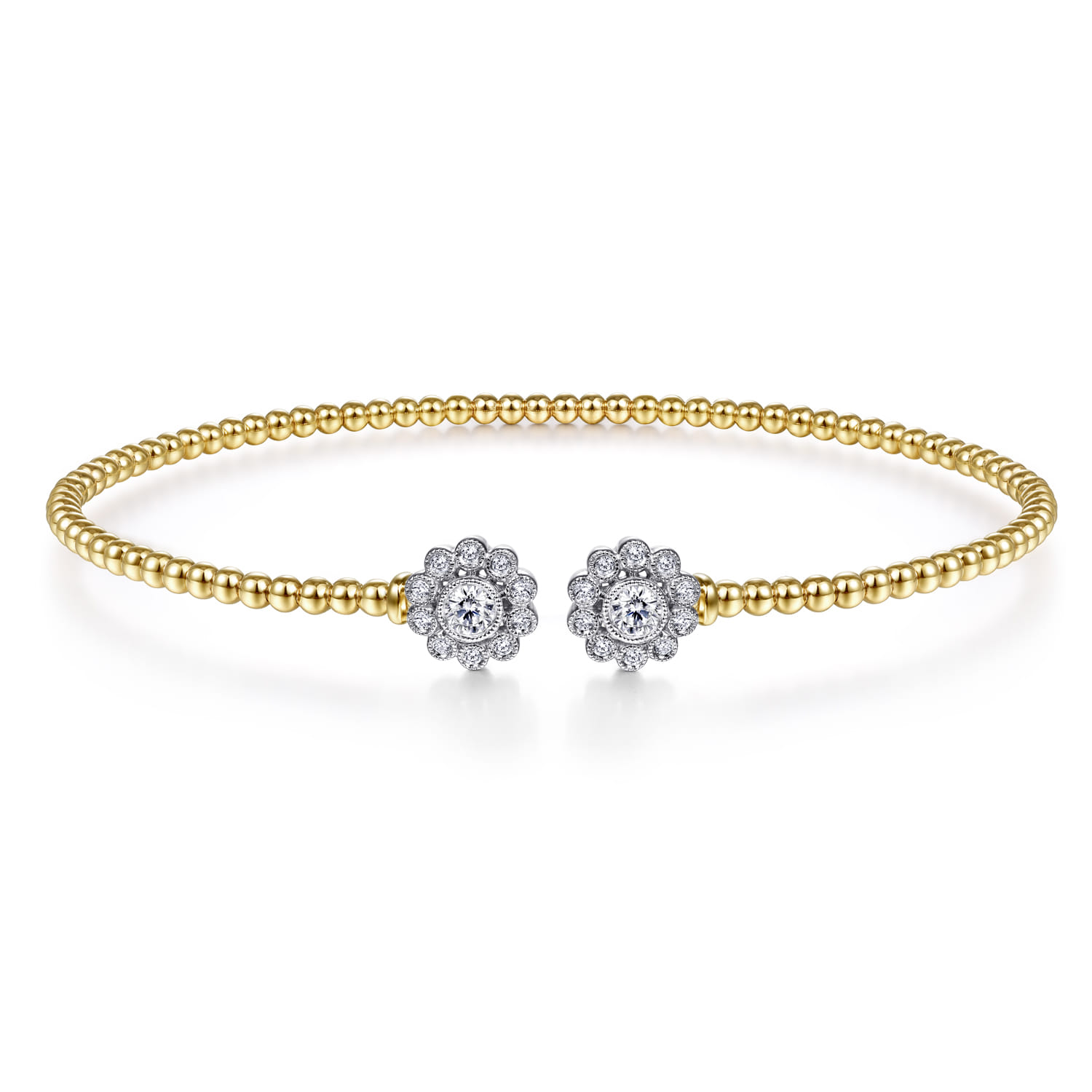 14K White Yellow Gold Bujukan Split Cuff Bracelet with Diamond Flowers - 0.25 ct - Shot 1