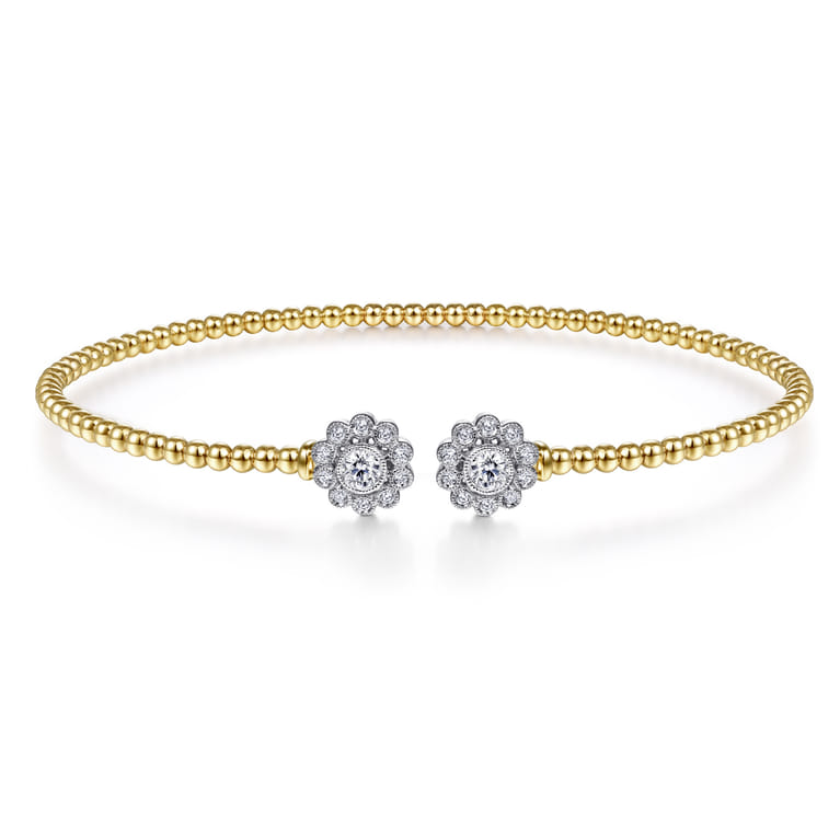 14K White Yellow Gold Bujukan Split Cuff Bracelet with Diamond Flowers - 0.25 ct - Shot 1