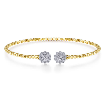14K White Yellow Gold Bujukan Split Cuff Bracelet with Diamond Flowers