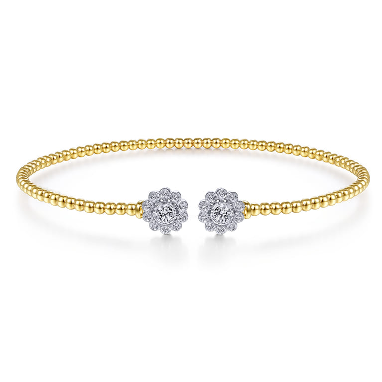 14K White Yellow Gold Bujukan Split Cuff Bracelet with Diamond Flowers - 0.25 ct - Shot 1