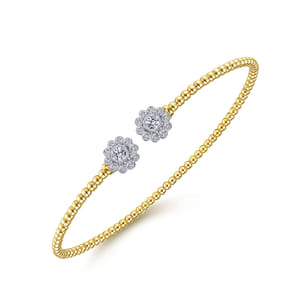14K White Yellow Gold Bujukan Split Cuff Bracelet with Diamond Flowers