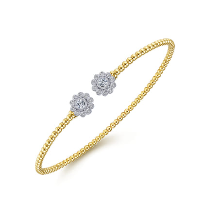 14K White Yellow Gold Bujukan Split Cuff Bracelet with Diamond Flowers