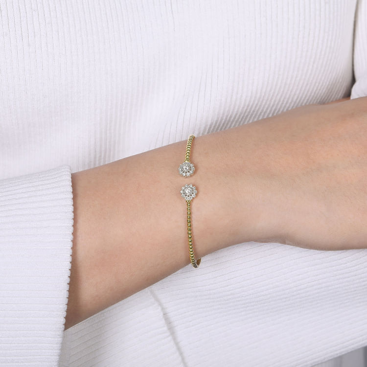 14K White Yellow Gold Bujukan Split Cuff Bracelet with Diamond Flowers
