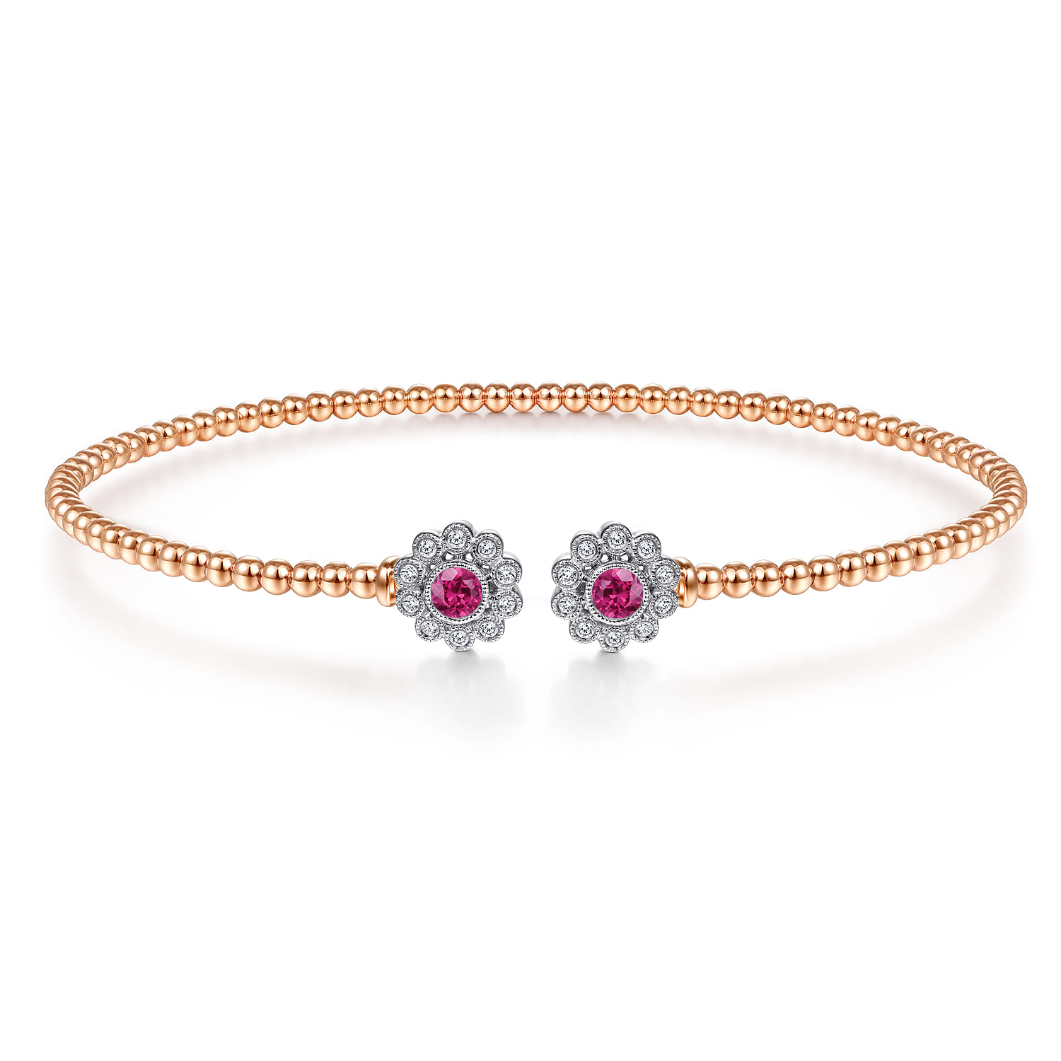 14K White Yellow Gold Bujukan Split Cuff Bracelet with Diamond and Ruby Flowers - 0.1 ct - Shot 1