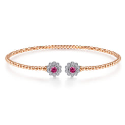 14K White Yellow Gold Bujukan Split Cuff Bracelet with Diamond and Ruby Flowers