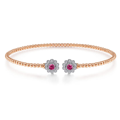 14K White Yellow Gold Bujukan Split Cuff Bracelet with Diamond and Ruby Flowers