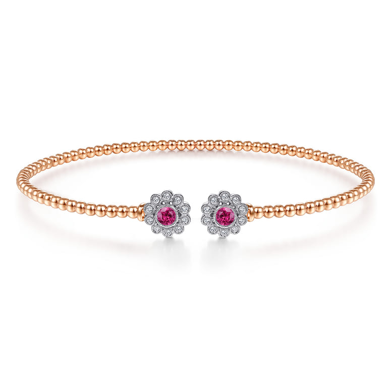 14K White Yellow Gold Bujukan Split Cuff Bracelet with Diamond and Ruby Flowers - 0.1 ct - Shot 1