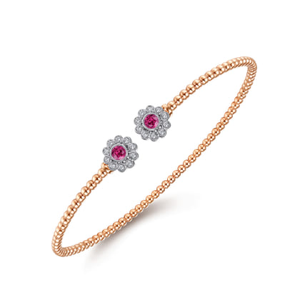 14K White Yellow Gold Bujukan Split Cuff Bracelet with Diamond and Ruby Flowers