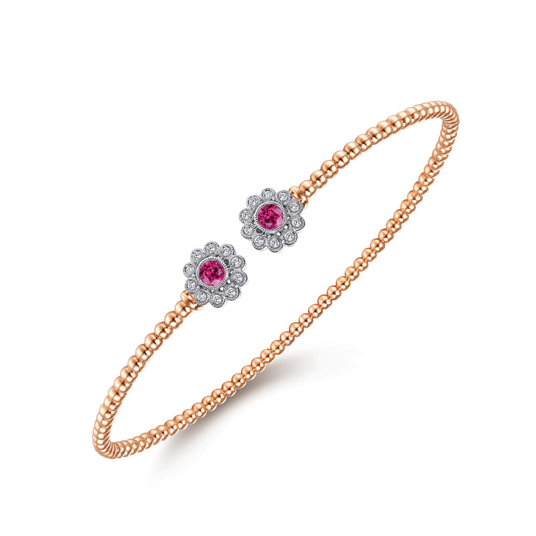 14K White Yellow Gold Bujukan Split Cuff Bracelet with Diamond and Ruby Flowers - 0.1 ct - Shot 2