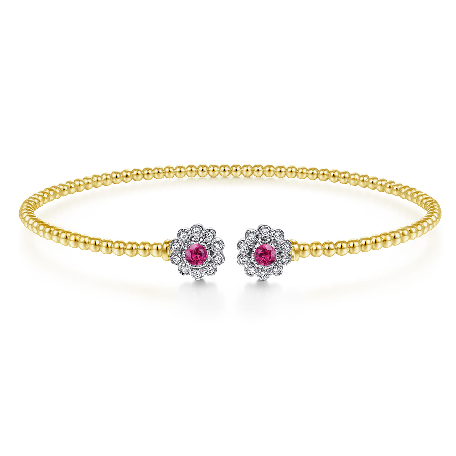 14K White Yellow Gold Bujukan Split Cuff Bracelet with Diamond and Ruby Flowers - 0.1 ct - Shot 1