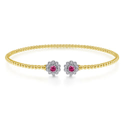 14K White Yellow Gold Bujukan Split Cuff Bracelet with Diamond and Ruby Flowers