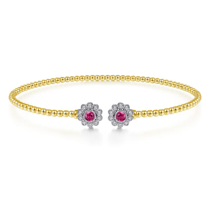 14K White Yellow Gold Bujukan Split Cuff Bracelet with Diamond and Ruby Flowers