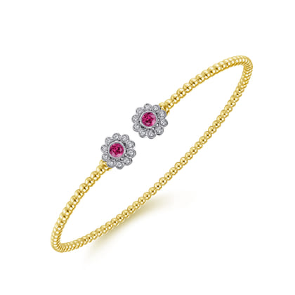 14K White Yellow Gold Bujukan Split Cuff Bracelet with Diamond and Ruby Flowers