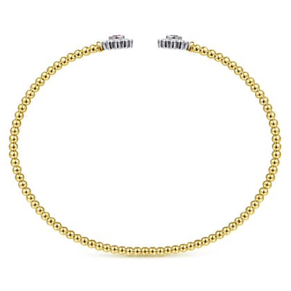 14K White Yellow Gold Bujukan Split Cuff Bracelet with Diamond and Ruby Flowers
